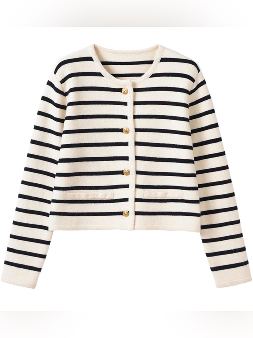 Striped Buttoned Crewneck Cardigan Sweater - Black and Cream